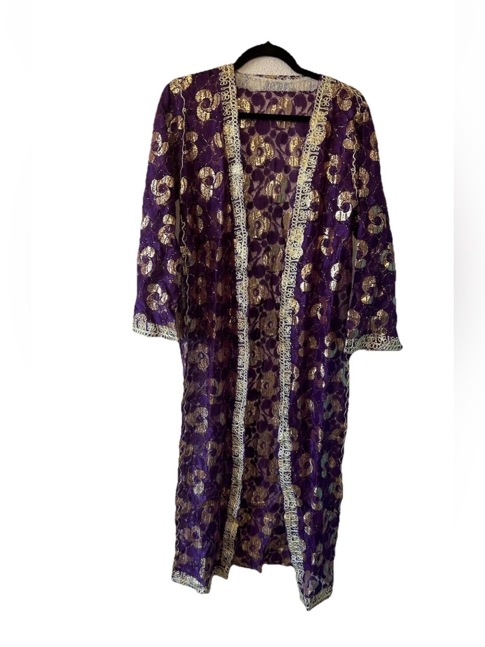 Vintage Purple Gold Lace Kimono Duster Maxi Jacket Boho Festival Renaissance